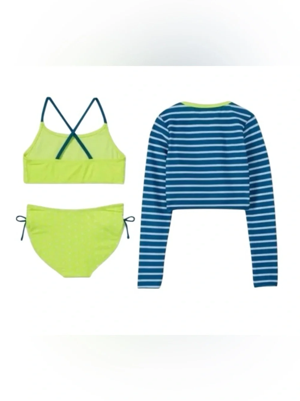 NWT - Cat & Jack Neon Yellow Bikini Set with Blue Striped Rash Guard